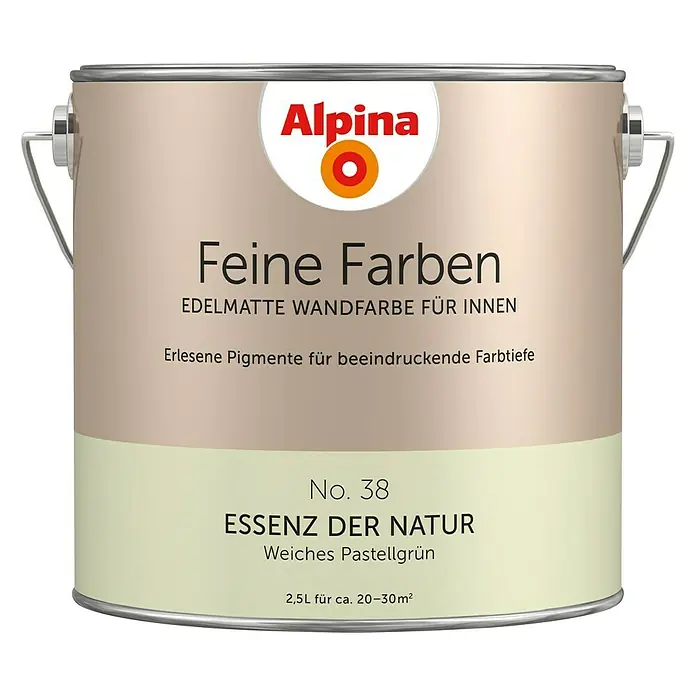 Alpina Wandfarbe Feine Farben - Essenz der Natur, Matt, 2,5 l, Konservierungsmittelfrei - Abbildung eines Farbbehälters von Alpina "Feine Farben", edelmatte Wandfarbe für Innen, Farbton "Essenz der Natur", weiches Pastellgrün.