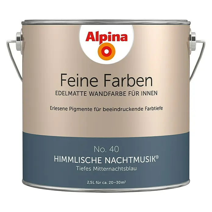 Alpina Wandfarbe Feine Farben - Himmlische Nachtmusik, Matt, 2,5 l, Konservierungsmittelfrei - Farbdose Alpina Feine Farben "Himmlische Nachtmusik" No. 40, eine edelmatte Wandfarbe für Innenräume mit tiefem Mitternachtsblau.