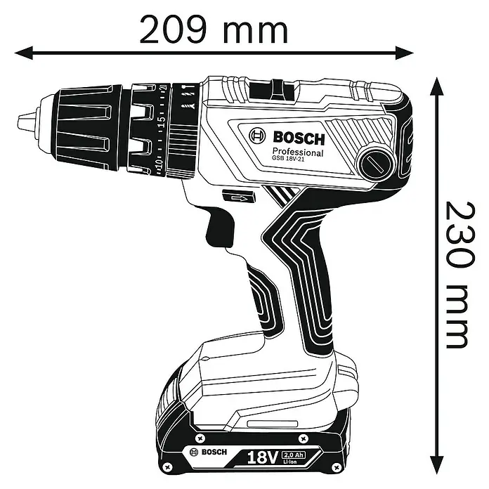 Bosch Professional AMPShare 18V Taladro atornillador percutor de batería GSB 18V-21 - 18 V, 2 baterías, 2 Ah - 4 Ah, 55 Nm, 5 pzs. - Ilustración de un taladro combinado inalámbrico Bosch Professional GSB 18V-21 con dimensiones, longitud 209 mm y altura 230 mm.
