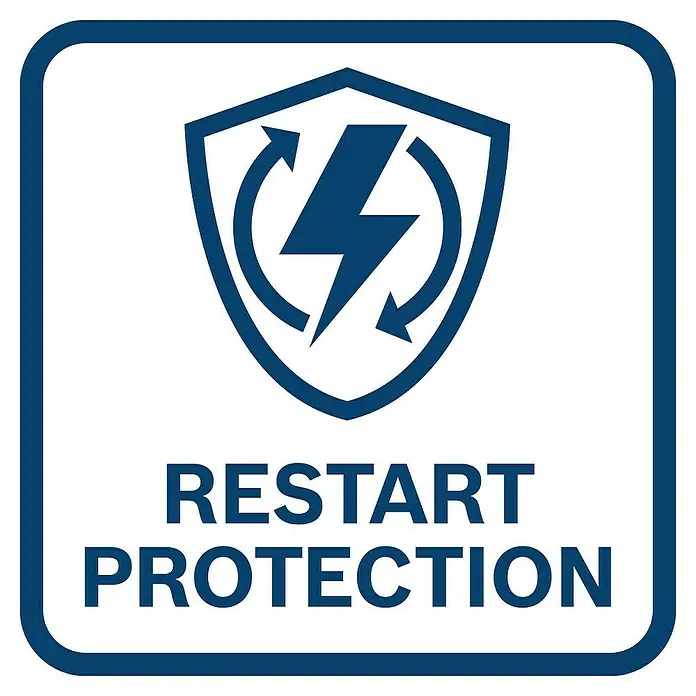 Bosch Professional Elektro-Winkelschleifer GWS 900 - 900 W, Durchmesser Scheibe: 125 mm, Leerlaufdrehzahl: 11.000 U/min - Das Bild zeigt ein blaues "Restart Protection"-Symbol mit einem Blitz in einem Schild auf einem weißen Hintergrund.