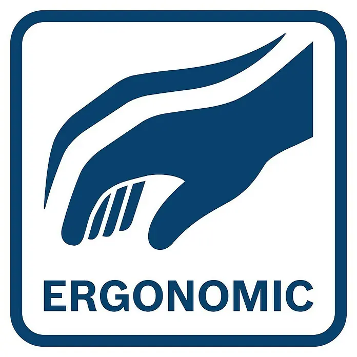 Bosch Professional Elektro-Winkelschleifer GWS 900 - 900 W, Durchmesser Scheibe: 125 mm, Leerlaufdrehzahl: 11.000 U/min - Das ergonomische Design-Logo, eine stilisierte blaue Hand, die Komfort und Benutzerfreundlichkeit hervorhebt, umrahmt von einem blauen Rand.