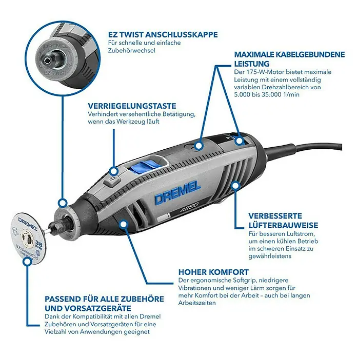 Dremel Multifunktionswerkzeug 4250-3/45 - 175 W, 5.000 U/min - 35.000 U/min - Detaillierte Ansicht des Dremel 4250, einem multifunktionalen Werkzeug, das für seine Vielseitigkeit und Benutzerfreundlichkeit bekannt ist.
