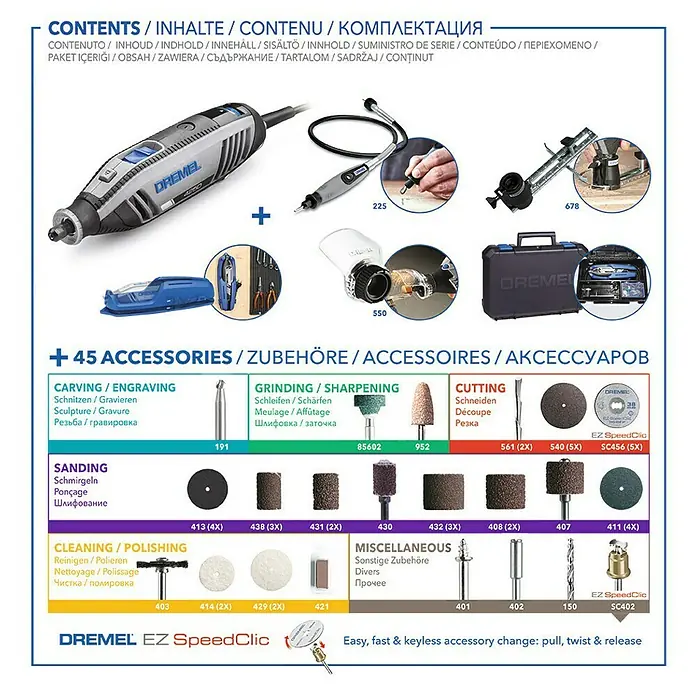 Dremel Multifunktionswerkzeug 4250-3/45 - 175 W, 5.000 U/min - 35.000 U/min - Dremel-Set mit Werkzeug, Zubehör und Aufsätzen zum Gravieren, Schleifen, Schneiden, Polieren und Reinigen für verschiedene Heimwerkerprojekte.