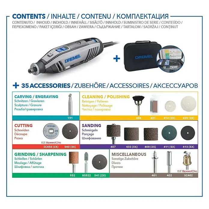 Dremel Multifunktionswerkzeug 4250-35 - 175 W, 5.000 U/min - 35.000 U/min - Das Dremel 4250 Werkzeugset mit 35 Zubehörteilen für Carving, Schleifen, Polieren, Schneiden und mehr für verschiedenste DIY-Projekte.