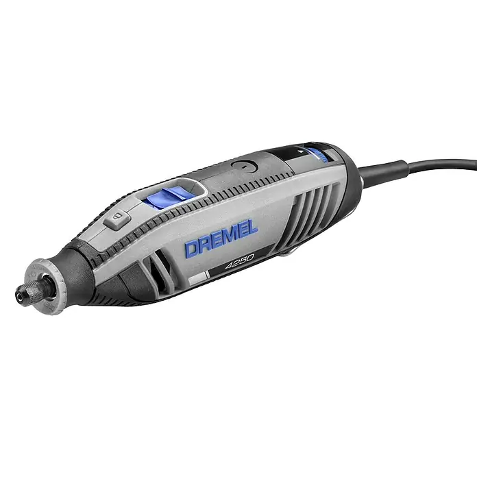 Dremel Multifunktionswerkzeug 4250 (4250 Platinum+) - 175 W, Leerlaufdrehzahl: 5.000 U/min - 35.000 U/min - Das Bild zeigt einen Dremel 4250, ein vielseitiges Elektrowerkzeug zum Schleifen, Polieren und Schneiden, ideal für Heimwerker und Handwerker.