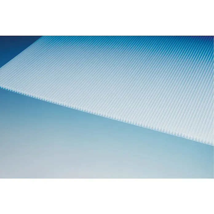Hohlkammerplatte ECO-UV - 2.000 x 980 x 16 mm, Kunststoff, Opal - Aufnahme einer transluzenten, geriffelten Polycarbonatplatte. Diese Platte dient als robustes Baumaterial und bietet gleichzeitig Lichtdurchlässigkeit.