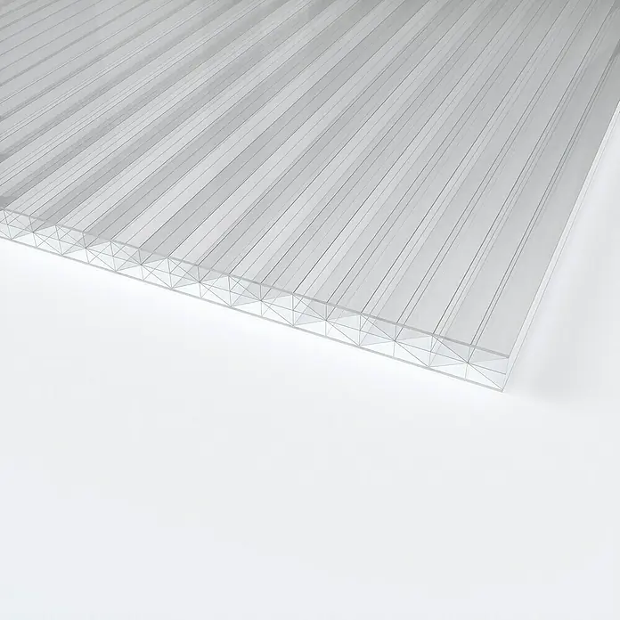 Hohlkammerplatte ECO-UV - 3.000 x 980 x 16 mm, Polycarbonat, Transparent - Nahaufnahme einer transparenten Polycarbonat-Mehrfachstegplatte, ideal für Überdachungen und lichtdurchlässige Konstruktionen.