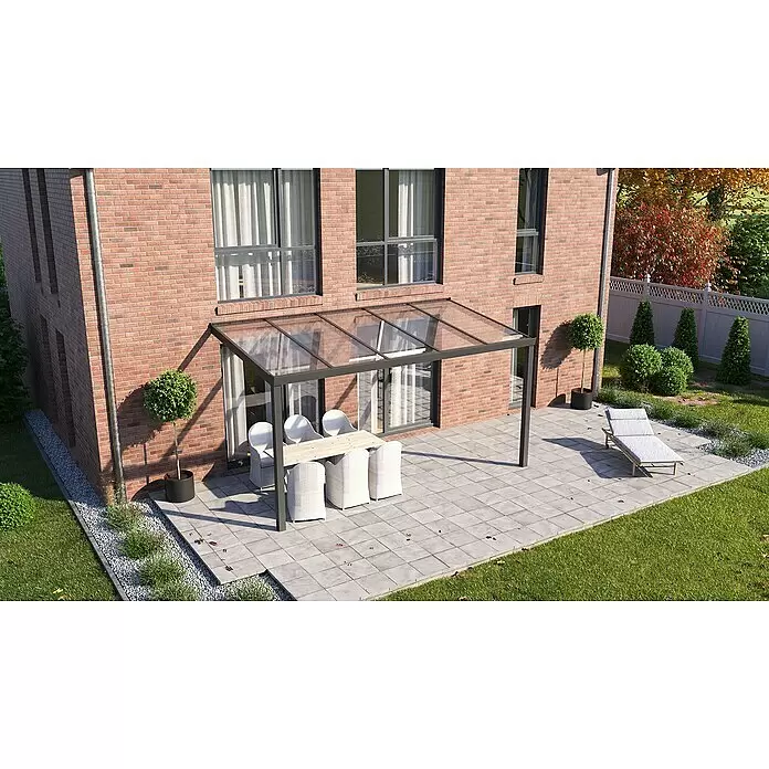 Hohlkammerplatte ECO-UV - 2.500 x 980 x 16 mm, Kunststoff, Transparent - Dunkelgraue Terrassenüberdachung mit transparentem Dach über einem Essbereich am Backsteinhaus.