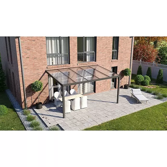 Hohlkammerplatte ECO-UV - 3.000 x 980 x 16 mm, Kunststoff, Transparent - Dunkelgraue Metallpergola mit transparenten Dachpaneelen über einem Terrassen-Essbereich an einem Backsteinhaus.
