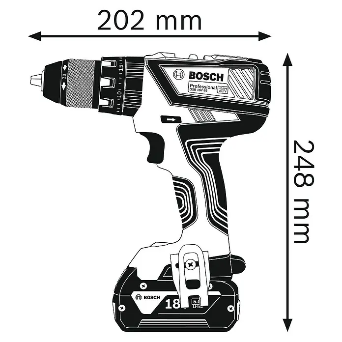 Bosch Professional AMPShare 18V Akku-Schlagbohrschrauber GSB 18V-28 - 18 V, 2 Akkus, 2 Ah - 4 Ah, 63 Nm, Inkl. Zubehörkoffer - Abbildung eines Bosch GSB 18V-28 Professional Akku-Bohrschraubers mit den Maßen 202 mm Länge und 248 mm Höhe.
