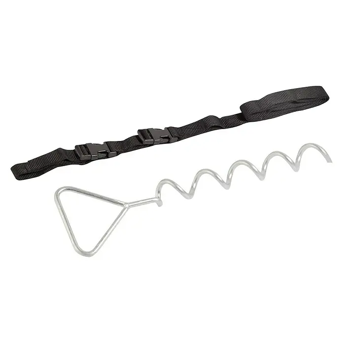 Hudora Trampolin-Verankerungsset Set - Stahl - Ein schwarzer Spanngurt mit Schnallen und ein silberfarbiger Erdnagel mit dreieckigem Griff, ideal für Camping und Outdoor Aktivitäten.