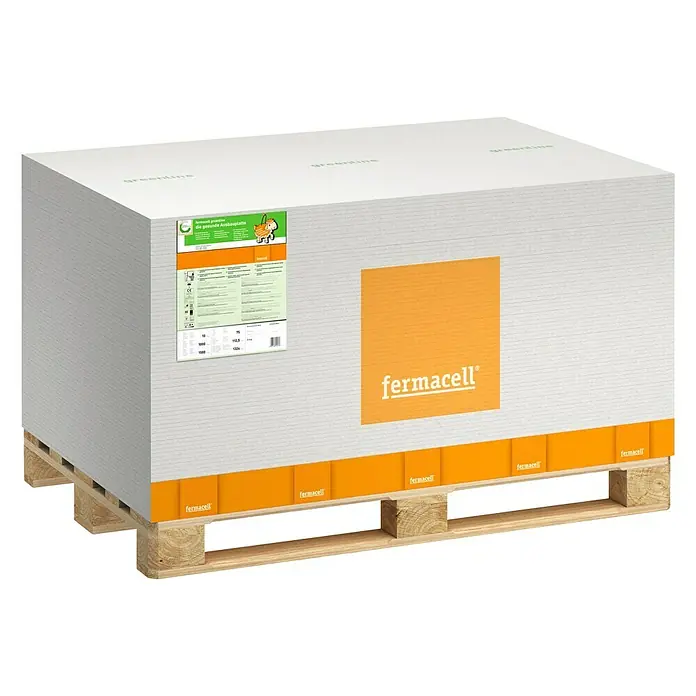 Fermacell Greenline Gipsfaserplatte 1-Mann-Platte - 1.500 x 1.000 x 10 mm - Fermacell Gipsfaserplatten auf einer Palette, ideal für den Innenausbau. Hohe Qualität und vielseitige Anwendungsmöglichkeiten im Trockenbau.