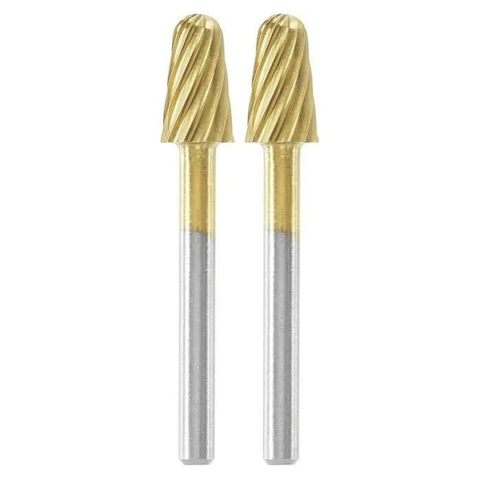 Dremel Fräsmesser Max 117DM - 2 Stk. - Zwei Fräser mit zylindrischem Kopf und spiralförmigen Schneiden. Ideal zum Entgraten, Formen und Bearbeiten verschiedener Materialien.