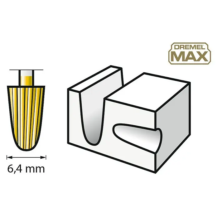 Dremel Fräsmesser Max 117DM - 2 Stk. - Detaillierte Darstellung eines Dremel MAX Schleifkopfes, ideal für präzise Schleifarbeiten. Das Zubehör ist in einer Halterung zur einfachen Aufbewahrung dargestellt.