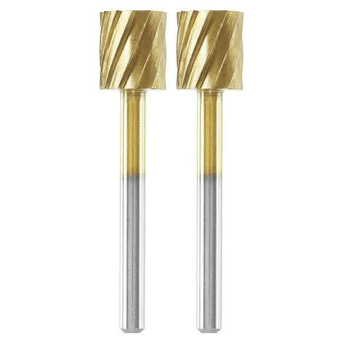 Dremel Graviermesser Max 115DM - Arbeitsdurchmesser: 7,9 mm, 2 Stk. - Zwei zylindrische Fräsköpfe mit spiralförmigen Schneiden und einem Schaft aus Metall für präzise Materialbearbeitung.
