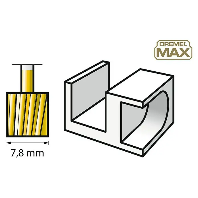 Dremel Graviermesser Max 115DM - Arbeitsdurchmesser: 7,9 mm, 2 Stk. - Detaillierte Darstellung eines Dremel MAX Zubehörteils, inklusive Maße und perspektivische Ansicht des Gehäuses mit Dremel MAX Logo.