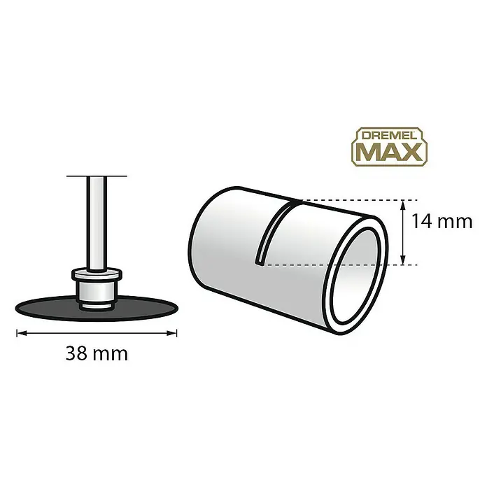 Dremel EZ SpeedClic Trennscheibe Max Premium SC456DM - Geeignet für: Metall, Durchmesser: 38,1 mm, Passend für: Dremel Multifunktionswerkzeug - Produktabbildung eines Dremel Max Schleifwerkzeugs mit Abmessungen für detaillierte Informationen zur Größe und Verwendung.