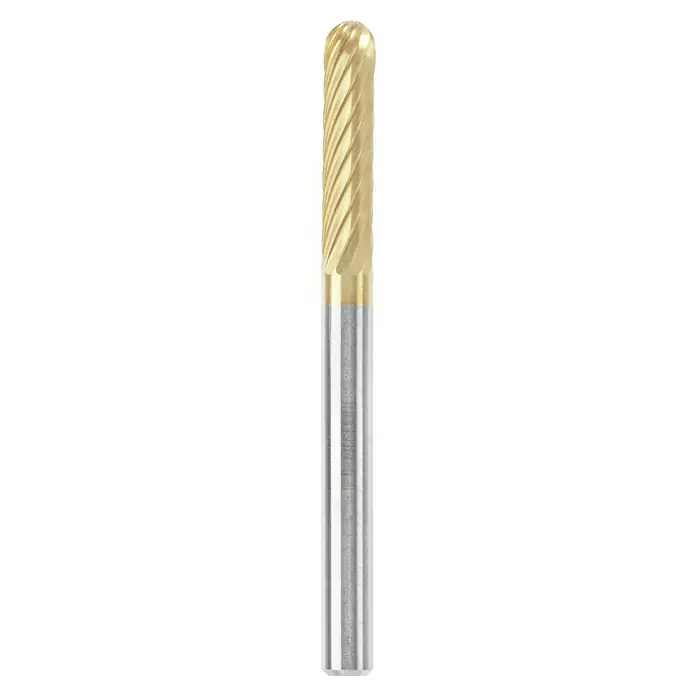 Dremel Fräsmesser 9903DM - Arbeitsdurchmesser: 3,2 mm, Rund - Das Bild zeigt einen zylindrischen Spiralfräser mit einer goldenen Schneide und einem silbernen Schaft, ein hochwertiges Werkzeug für präzise Bearbeitungen.