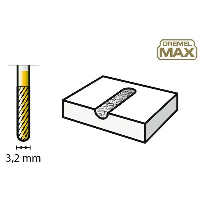 Dremel Fräsmesser 9903DM - Arbeitsdurchmesser: 3,2 mm, Rund - Darstellung eines Dremel MAX Fräsers mit einer Fräsung in einem Materialblock, ergänzt durch Maßangaben und das Dremel MAX Logo.