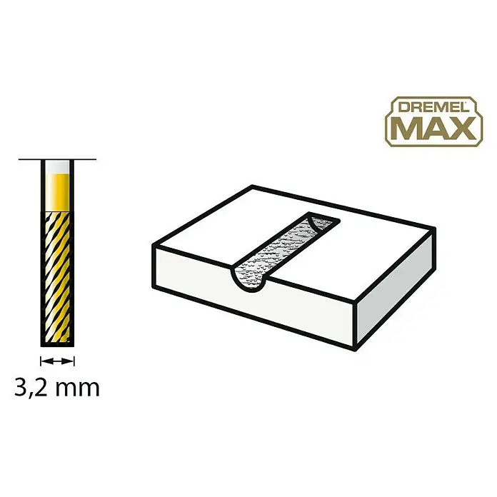 Dremel Fräsmesser 9901DM - Arbeitsdurchmesser: 3,2 mm, Flach - Darstellung eines Dremel Max Fräsers mit 3,2 mm Durchmesser, der eine Nut in ein Werkstück fräst, und das Dremel Max Logo.