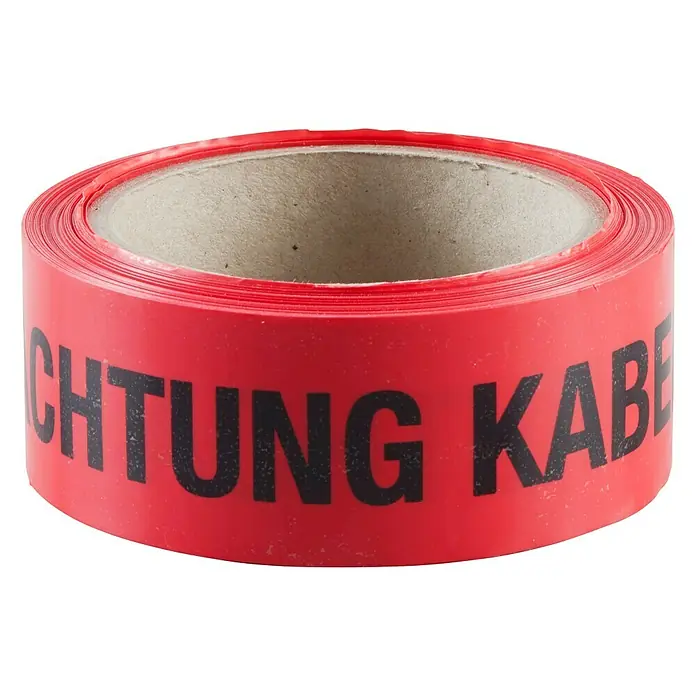 Absperrband Achtung Kabel - L x B: 25 m x 40 mm, Rot - Rolle rotes Warnband „Achtung Kabel“ zur Kennzeichnung von Gefahrenbereichen und Absperrung. Wesentlich für Sicherheitsmaßnahmen auf Baustellen.