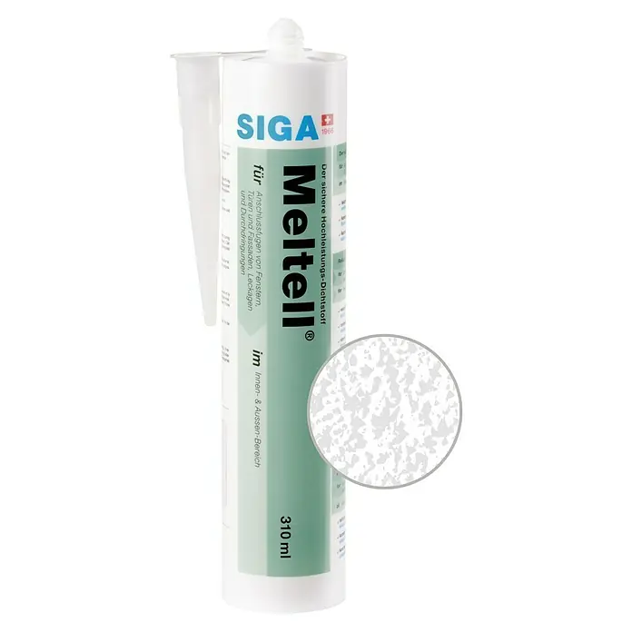 Siga Dichtmasse Meltell310 ml, Weiß strukturiert - Abbildung einer SIGA Meltell® Dichtstoffkartusche, ideal für Fenster-, Tür- und Fassadenanschlussfugen, sowie zur Abdichtung von Leckagen.