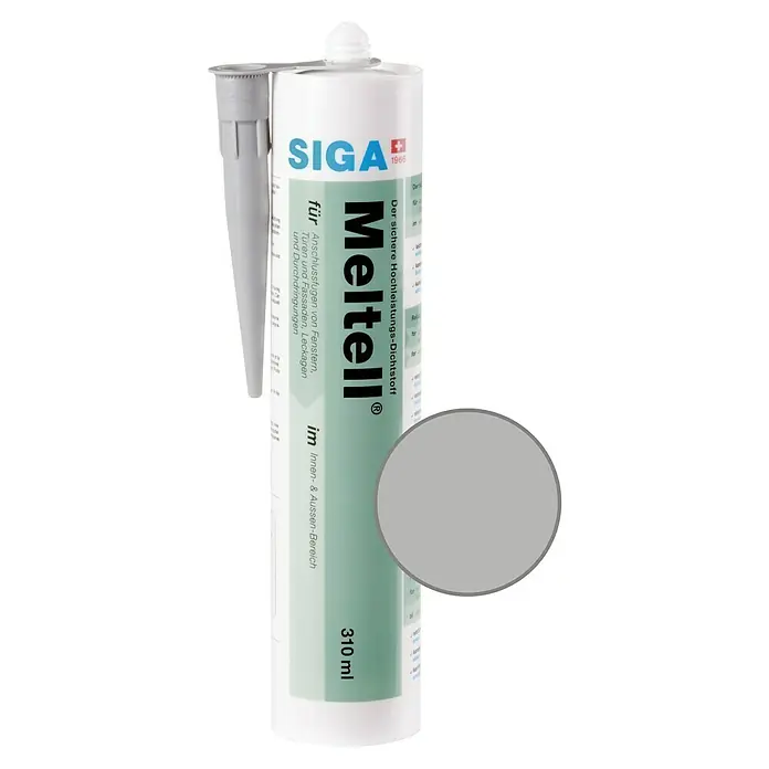 Siga Dichtmasse Meltell - 310 ml, Grau - Abbildung einer Kartusche SIGA Meltell, einem Hochleistungs-Dichtstoff für Anschlussfugen im Innen- und Außenbereich, mit 310 ml Inhalt.