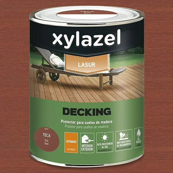 Xylazel Protección para madera Lasur al agua Decking - Teca, 750 ml - Un bote de lasur para madera Xylazel Decking para exterior en color teca, ideal para proteger y mantener las terrazas de madera.
