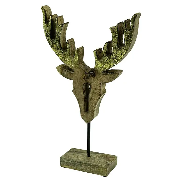 Dekofigur Hirschkopf - B x H: 18 x 30 cm, Mangoholz - Dekorative Holz-Hirschkopf-Skulptur mit goldenen Akzenten, ideal für rustikale oder moderne Inneneinrichtungen, auf einem Holzsockel montiert.