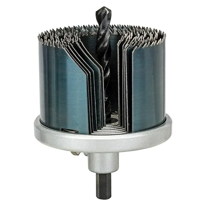 Craftomat Mehrkranzlochsäge - 26 mm - 64 mm, Stahl, Schnitttiefe: Max. 44 mm - Nahaufnahme einer Lochsäge mit einem Zentrierbohrer in der Mitte, ideal für präzise Bohrungen.