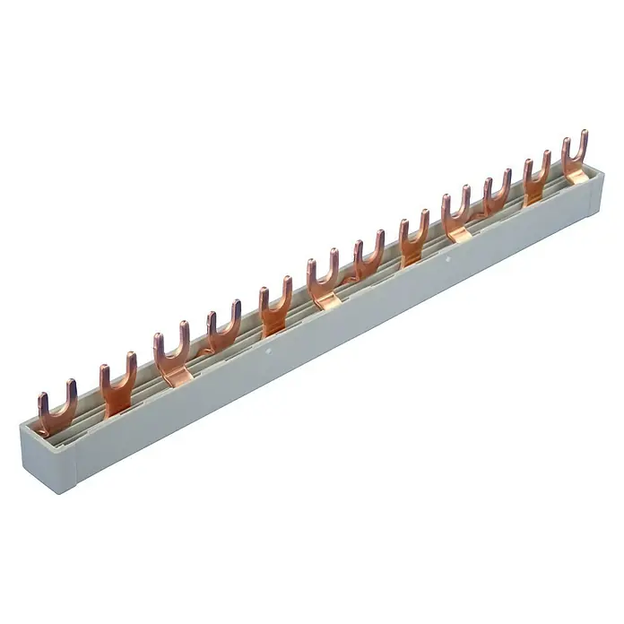 Pollmann Gabelschiene Universal - 3 Stk., 210 mm - Die Abbildung zeigt eine 20-polige Sammelschiene mit Gabelschuhanschlüssen, die eine sichere und organisierte elektrische Verbindung gewährleistet.