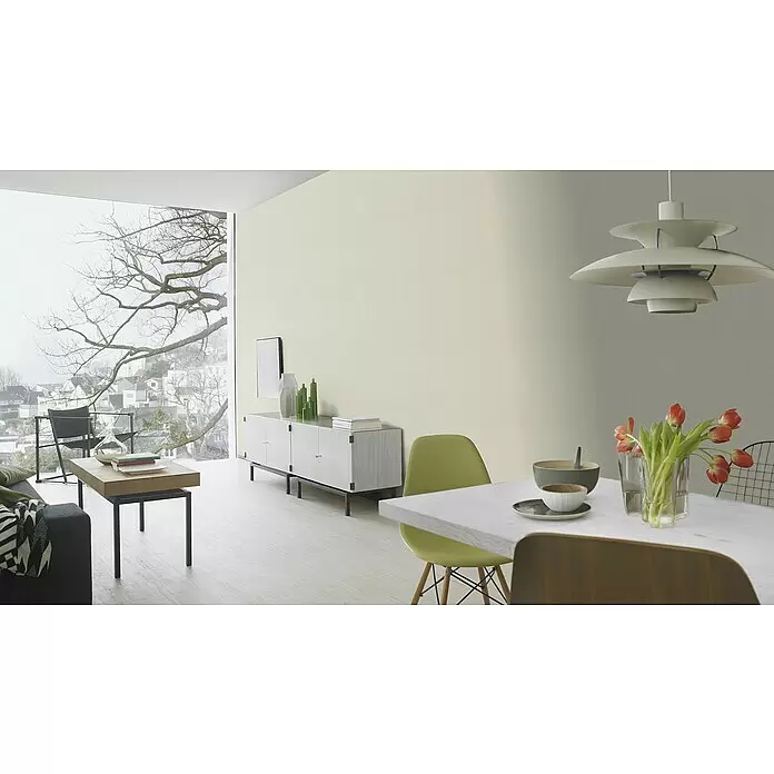 FREUNDIN Vliestapete - Beige, Uni, 10,05 x 0,53 m - Hellgrüne Wandfarbe schafft einen hellen und modernen Wohn- und Essbereich.