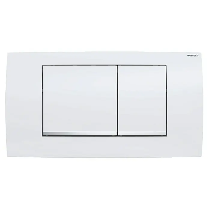 Geberit Betätigungsplatte Twinline 30 - 115.899.KJ.1 - Weiß/Chrom, 2-Mengen-Spülung - Eine weiße Geberit Betätigungsplatte mit zwei Tasten zum Spülen für ein modernes Badezimmerdesign.
