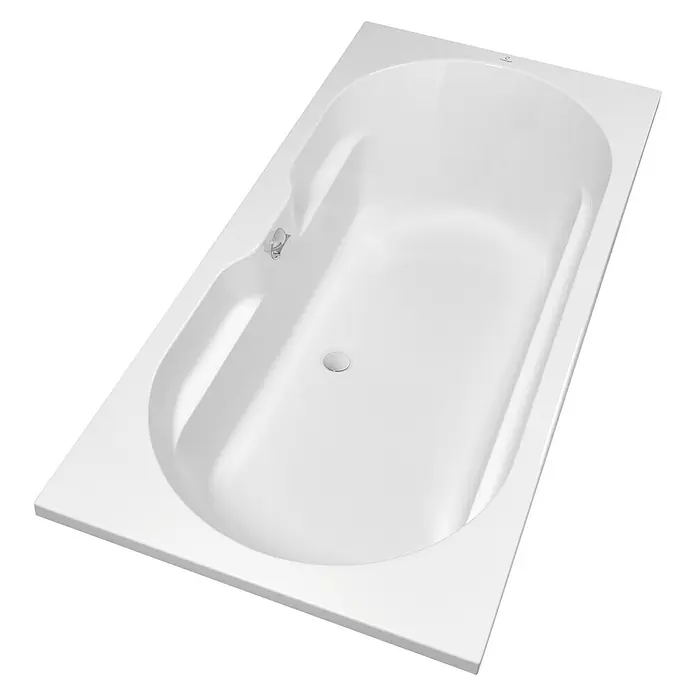 Camargue Montpellier Badewanne - 190 x 90 cm, Sanitäracryl, Weiß - Ein schlichtes, rechteckiges, weißes Badebecken mit abgerundeten Kanten und minimalistischem Design vor einem schwarzen Hintergrund.