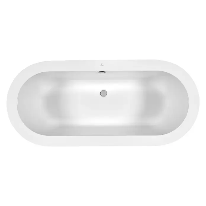 Camargue Freistehende Badewanne Style - L x B: 180 x 80 cm, Sanitäracryl, Weiß - Eine ovale, freistehende Badewanne in Weiß. Sie hat einen runden Abfluss in der Mitte und ist auf einem schwarzen Hintergrund platziert.