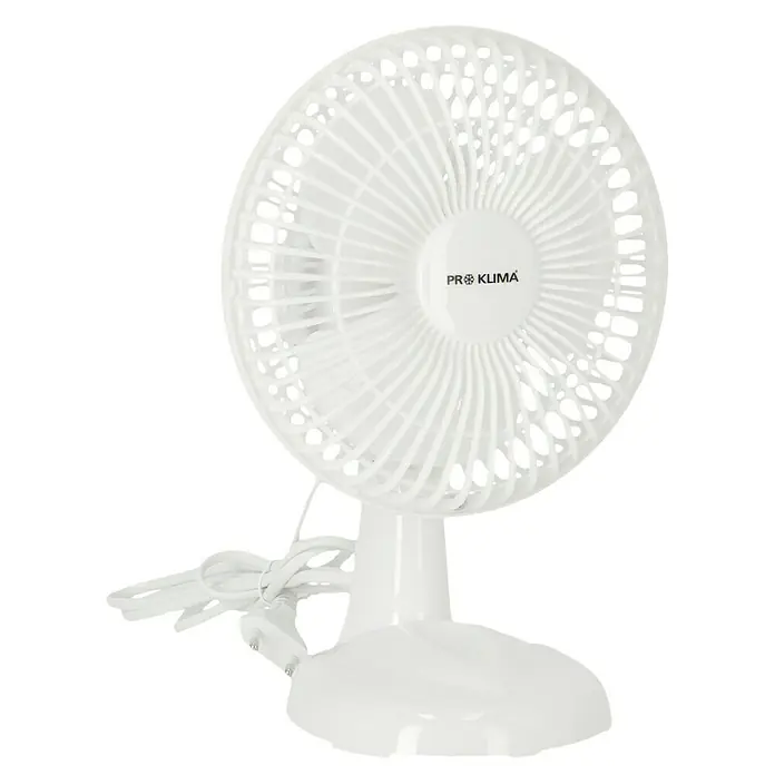 Voltomat Tischventilator - Weiß, 15 cm - Nahaufnahme eines weißen Pro Klima Tischventilators mit Clip-Befestigung und Kabel. Ideal für den Schreibtisch oder unterwegs.