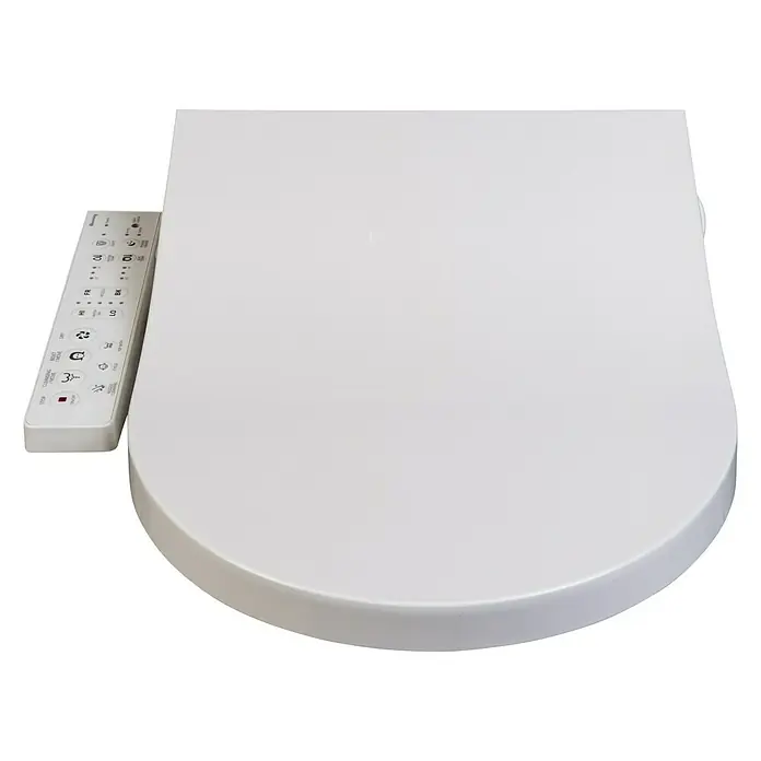Dusch-WC-Sitz NB16 - Kunststoff, Weiß, Mit Absenkautomatik - Nahaufnahme eines weißen Bidetaufsatzes mit Bedienfeld. Das elegante Design bietet Hygiene und Komfort für das Badezimmer.