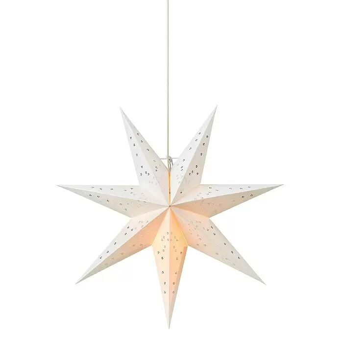Markslöjd LED-Stern Gisel - 45 cm, Silber, Weiß, IP20, Netzbetrieben - Weiße Papierstern-Laterne mit filigranen Ausschnitten, warm von innen leuchtend, an einer Schnur hängend.