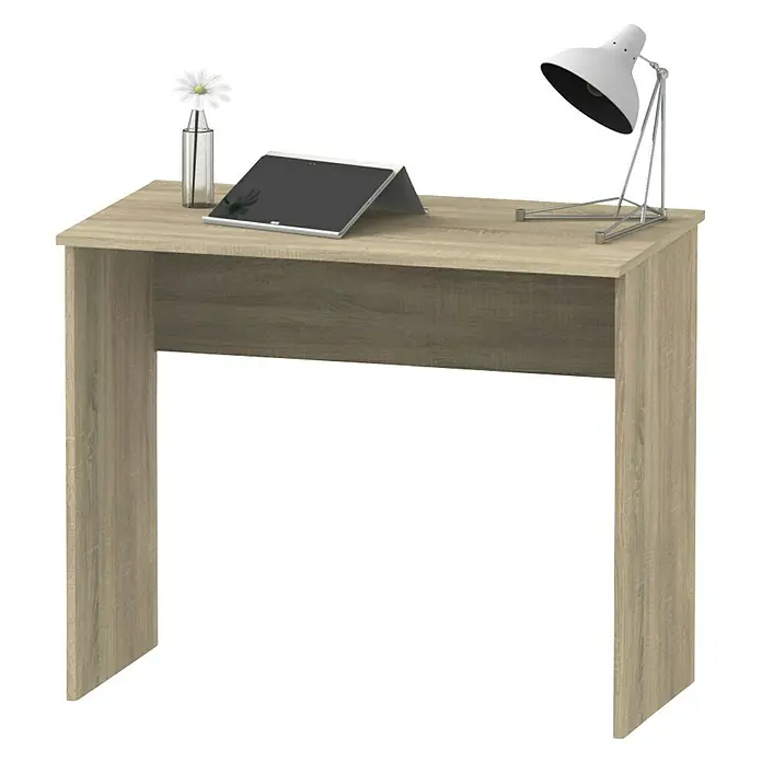 Muebles Pitarch Tibet Mesa de escritorio - L x An x Al: 50 x 90 x 75 cm, Roble - Consola de madera clara con lámpara de escritorio, tableta y jarrón de flores. Ideal para oficina o hogar, ofreciendo almacenamiento elegante y espacio trabajo.