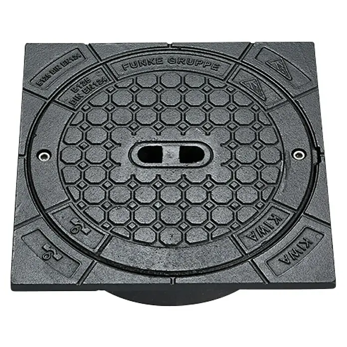 FunkeGruppe Schachtdeckel - 40 x 40 cm, Gusseisen - Schwarzer Kanaldeckel mit "Funke Gruppe" Aufschrift und geometrischem Muster, ein robuster und langlebiger Abwasserschachtdeckel.