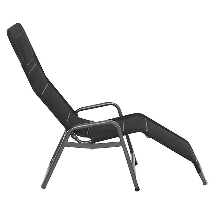 Gartenliege Fano - Schwarz, Metall, Klappbar - Ein bequemer schwarzer Liegestuhl mit Armlehnen und einem schlanken Design, ideal zum Entspannen im Freien.
