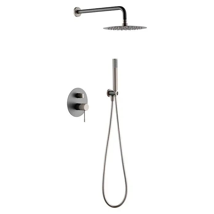 Imex Line Sistema de ducha empotrado - Gris Champagne - En la imagen, un moderno sistema de ducha con cabezal de lluvia, ducha de mano y válvula en níquel cepillado. Diseño elegante para baños contemporáneos.