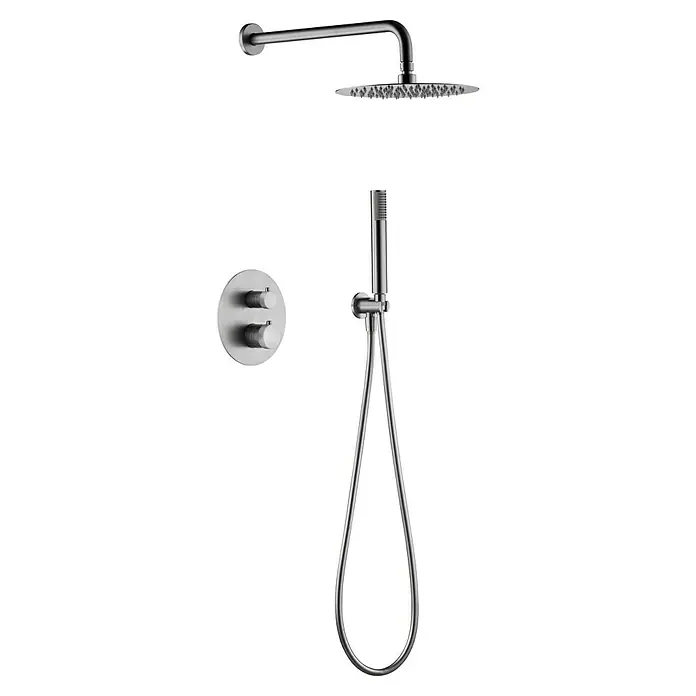 Imex Line Sistema de ducha empotrado - Niquel - Moderno sistema de ducha con rociador de lluvia, ducha de mano y válvula redonda en acero inoxidable cepillado para una experiencia de lujo.