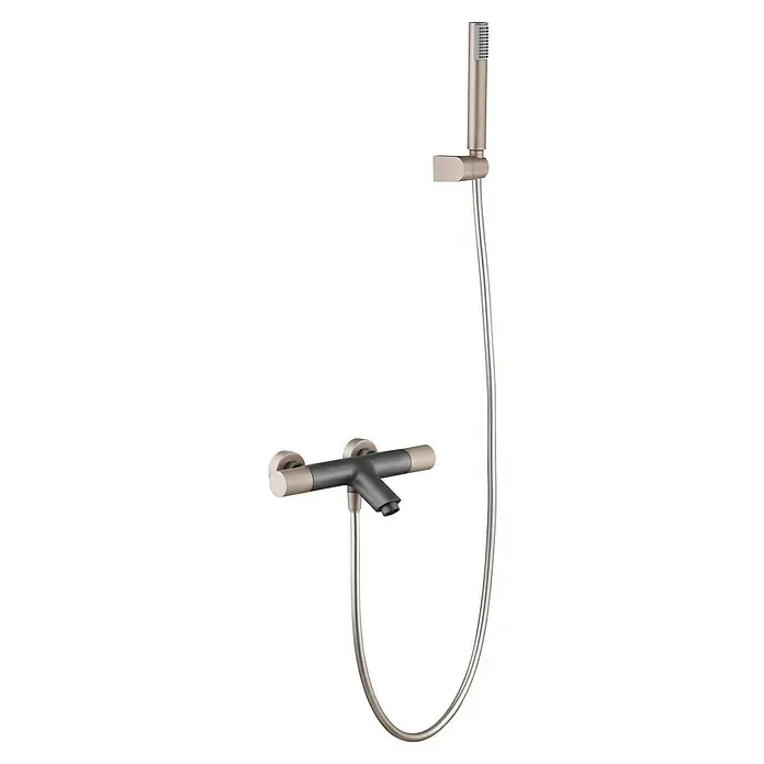 Imex Line Grifo termostático de bañera - Gris/champán - Un moderno grifo de ducha plateado y negro. El conjunto incluye un cabezal de ducha de mano y un mezclador termostático para un control preciso de la temperatura.