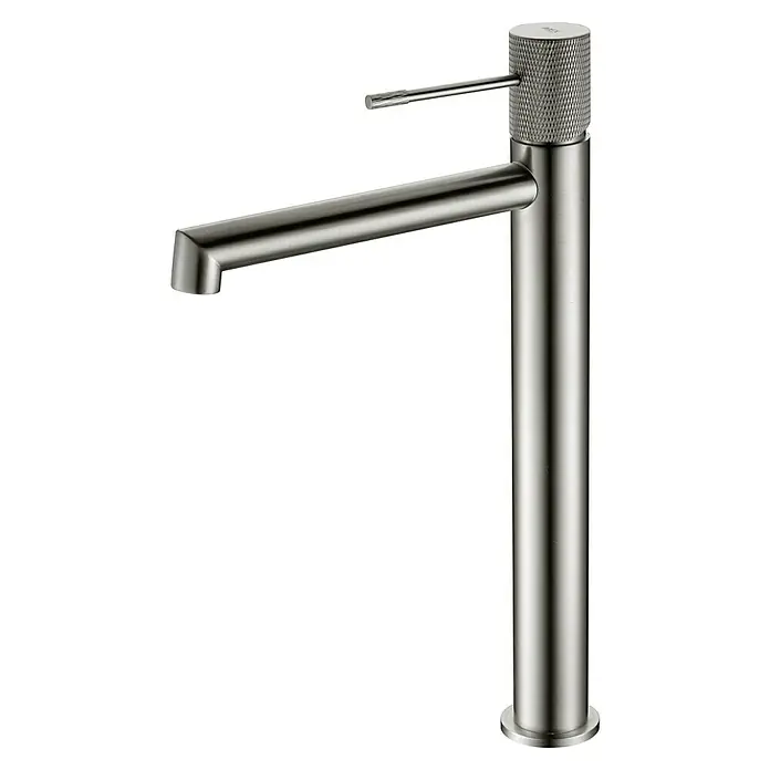 Imex Line Grifo de lavabo alto - Níquel - Elegante grifo de acero cepillado con líneas rectas y mango moleteado. Un complemento elegante para cualquier baño moderno.