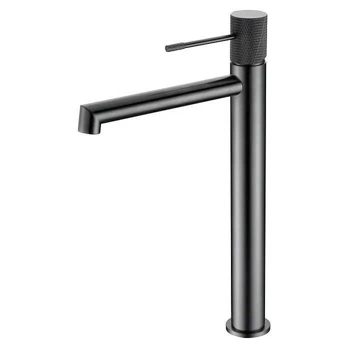 Imex Line Grifo de lavabo alto - Black gun metal - Elegante grifo negro con caño alto y mango moleteado. Diseño elegante para baños y cocinas modernos.