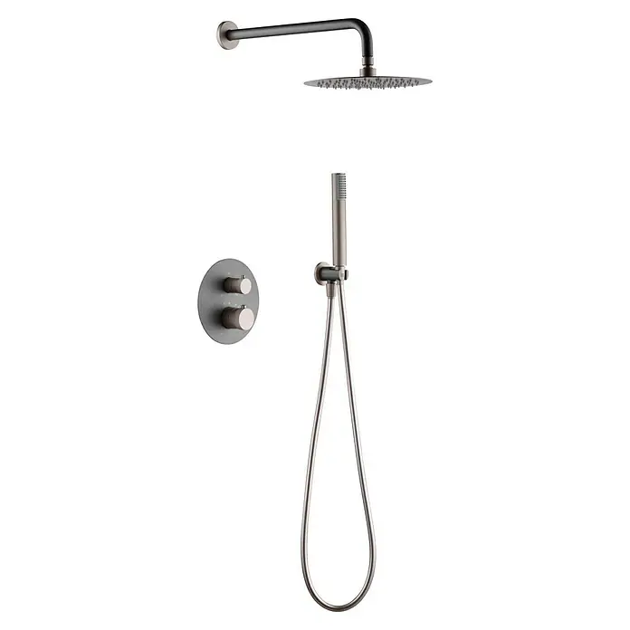 Imex Line Sistema de ducha empotrado - Gris Cromo - Moderno conjunto de ducha en níquel cepillado con rociador de lluvia, teleducha y panel de control, ideal para un baño elegante.