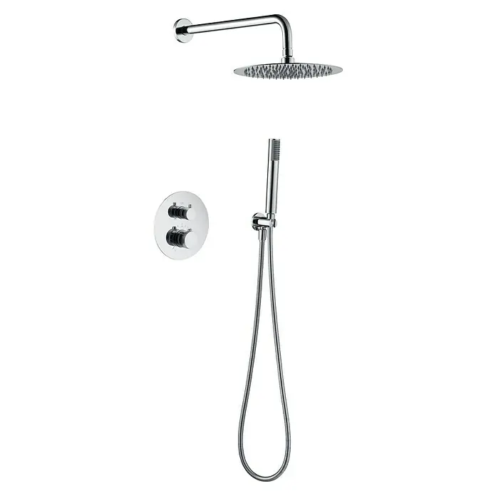 Imex Line Sistema de ducha empotrado - Cromo, Equipamiento del grifo: Termostato - Juego de cabezal de ducha con rociador redondo, ducha de mano y mezclador termostático para una experiencia de ducha moderna.