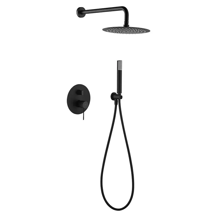 Imex Line Sistema de ducha empotrado - Negro - Conjunto de ducha negro con rociador, teleducha y control redondo para un diseño de baño moderno, elegante y funcional con mucho estilo.