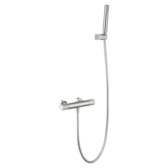 Imex Line Grifo con termostato - Ancho: 29,5 cm, Níquel - Imagen de un moderno conjunto de ducha con mezclador termostático y teleducha en cromo. Diseño elegante para baños contemporáneos.